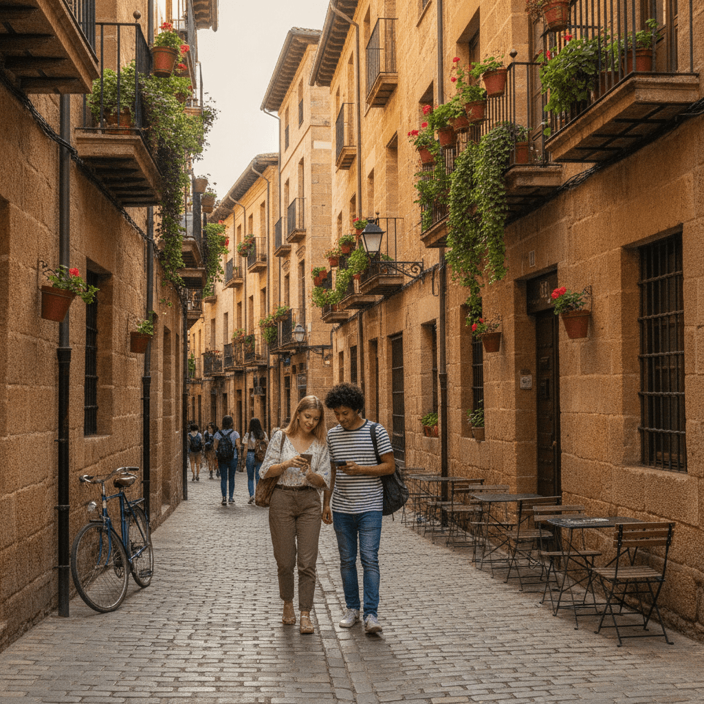 Estudiantes internacionales buscando piso en un barrio universitario de Salamanca, calles históricas con arquitectura de piedra dorada